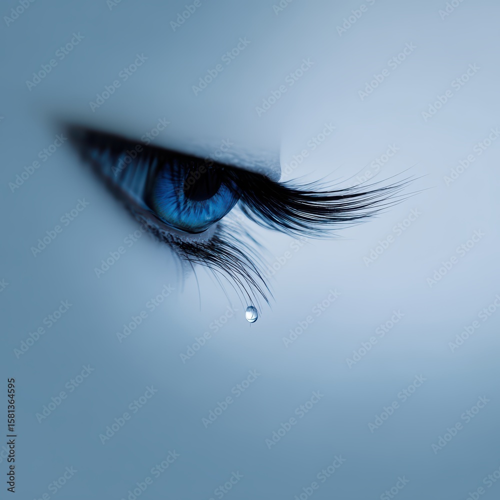 Fototapeta premium Close-Up of Blue Eye with Long Eyelashes and Droplet of Water