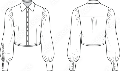 Long Sleeve Women’s Blouse Design, Pleated Shoulder Detail, Button-Front with Cuffs, Collared Neckline, Back Yoke Illustration, Garment Sketch, Apparel Blueprint, Fashion Drawing, Sewing Pattern