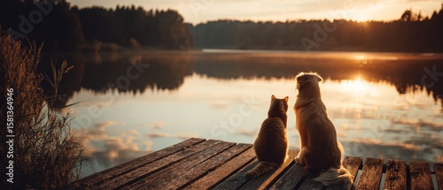 Peaceful Summer Evening with Cat and Dog on Dock by Water