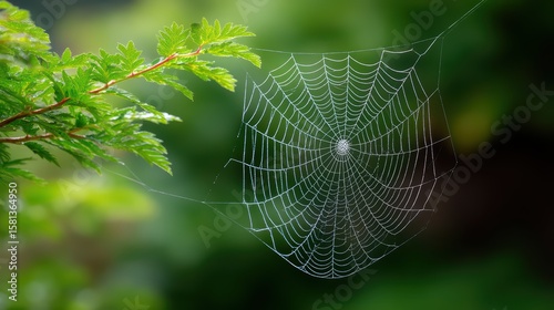Wallpaper Mural Delicate Spider Web Glimmering in Morning Dew on Leafy Branch Torontodigital.ca