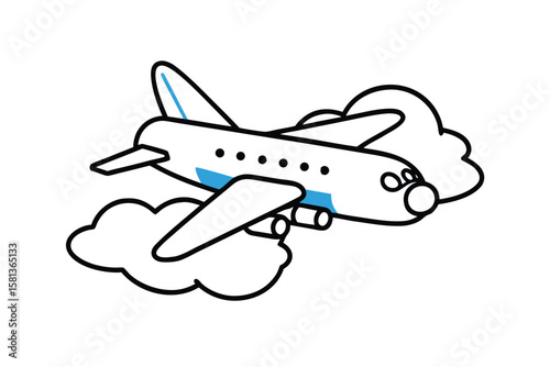 Airplane illustration soaring through clouds, adventure awaits