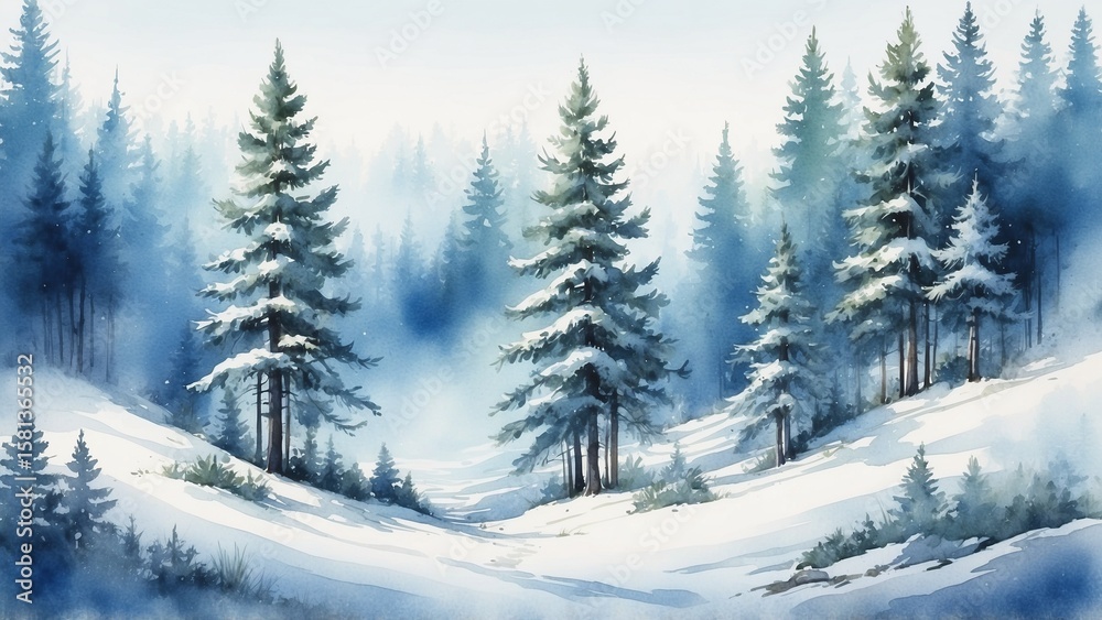 Winter landscape with snow-covered pine trees in soft blue tones Winter landscape with snow-covered pine trees in soft blue tones