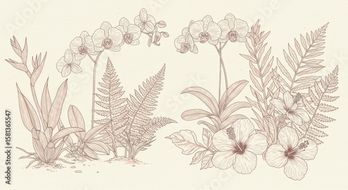 "Hand-drawn botanical illustration of tropical plants and flowers, soft textured lines and pastel palette, vintage nature sketchbook style, trending in wellness and eco design"
