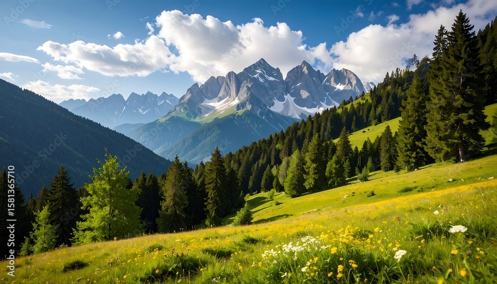 Fototapeta premium Mountain meadow bathed in sunlight