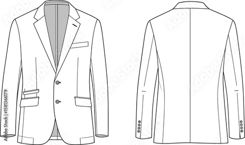 Men's blazer front and back sketch, notched lapel design, flap pockets, chest pocket, sleeve buttons, garment template, fashion illustration, tailoring drawing art