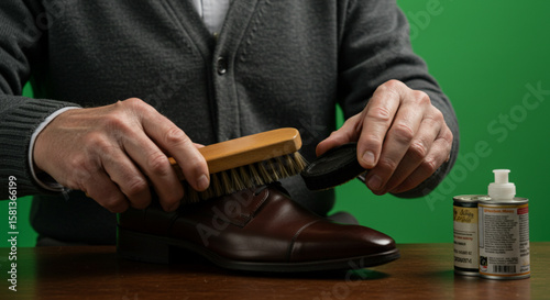 Close-up of a man polishing a brown leather shoe with a brush, with shoe polish and a green background.