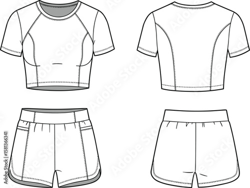 Crop top and shorts fashion sketch front back view, elastic waistband, round neck, short sleeves, side pocket detail, casual wear clothing template illustration
