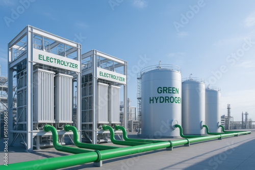 Green hydrogen production facility with industrial electrolyzer units and large storage tanks connected by green pipelines under clear sky