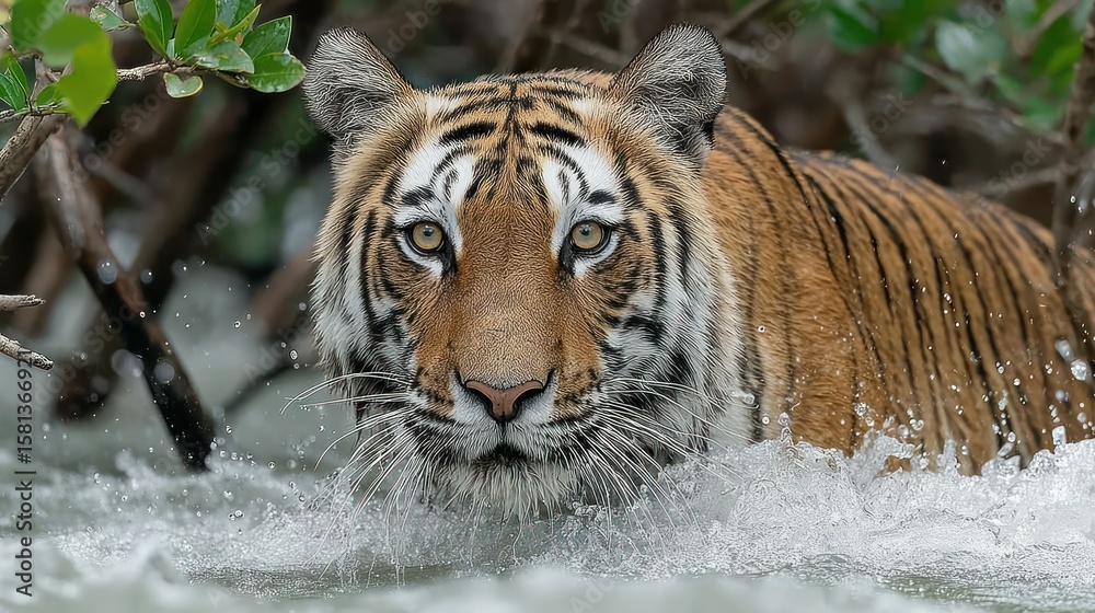 Obraz premium Tiger wading through water, intense gaze