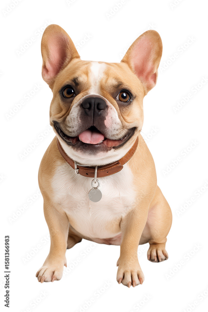 Obraz premium Adorable Happy French Bulldog Sitting and Smiling with Brown Collar and Tag, Perfect for Pet Lovers and Design Projects, Isolated on Transparent and White Background