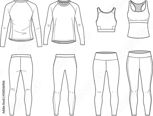 Athletic wear fashion sketch, activewear bundle template, front and back views, leggings, sports bra, tank top, long sleeve shirts, flat vector illustration, white background