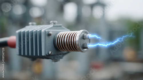 Industrial power transformer with electric surge and copy space on bottom right