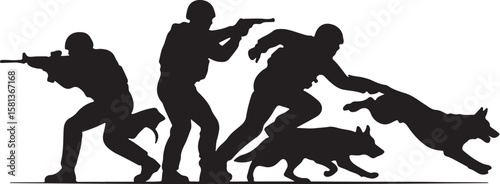 Armed figures with canine companions in action military police