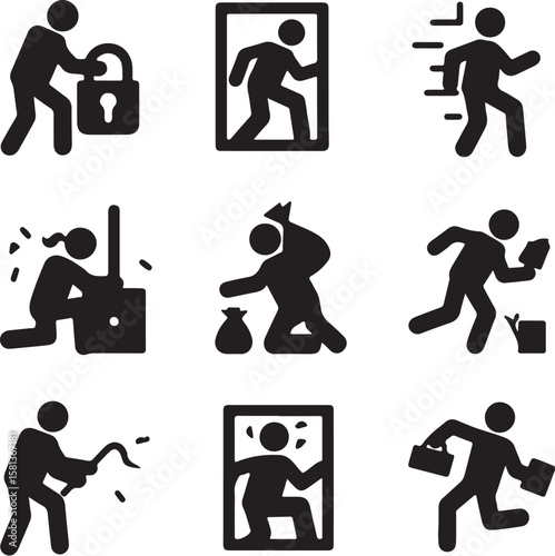Figures performing various actions person lock