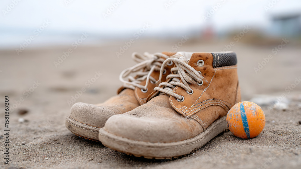 Naklejka premium Weathered shoes and toy ball on beach sand — childhood memories and nostalgia concept