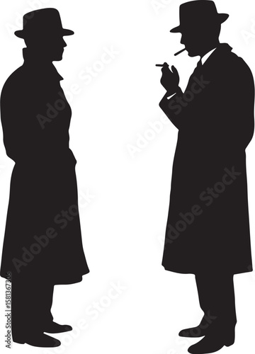 Two men in hats and trench coats conversing silhouettes smoking