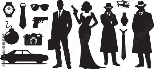 Spy agents and equipment silhouettes secret agent espionage