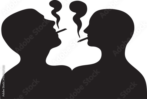 Two people smoking cigarettes exhaling smoke black silhouette