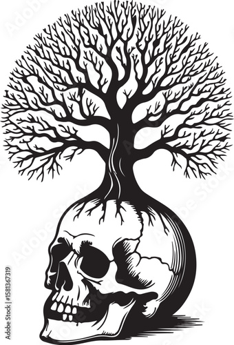Black tree growing from skull roots branches