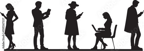 Diverse people silhouettes using technology smartphones laptop