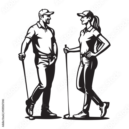 Professional Male & Female Golfers Standing Vector - Golfing Team Art