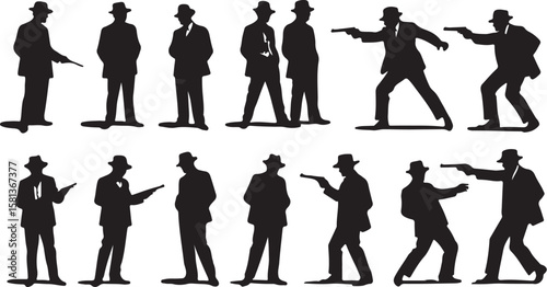 Silhouetted men in hats holding guns suits