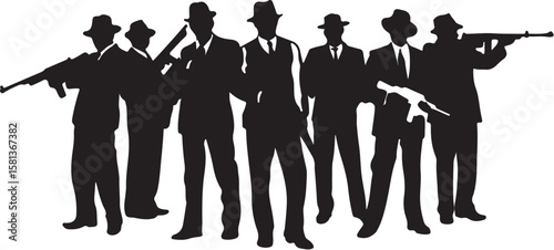 Silhouetted men with firearms group fedora hats