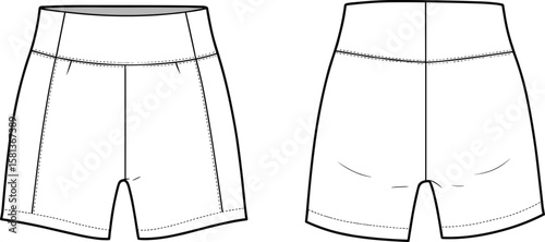 Shorts fashion sketch, front and back view, garment template layout, stitching detail, waistband design, flat vector illustration, clothing mockup, technical drawing, white background
