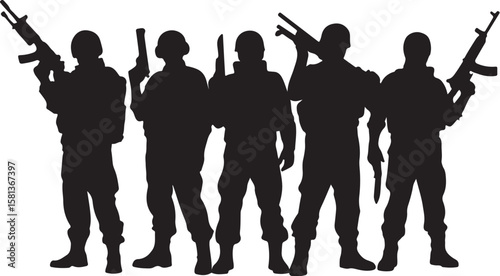 Silhouetted soldiers holding firearms military armed