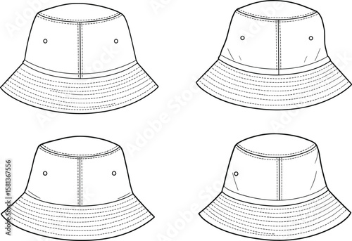 Bucket hat fashion sketch, front view layout, garment design template, wide brim detailing, ventilation eyelets, stitching lines, vector illustration, clothing mockup, white background