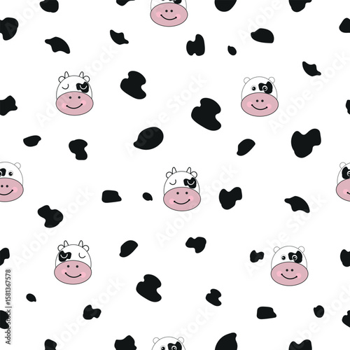 Cute cow Moo face black white background seamless for textile design pattern