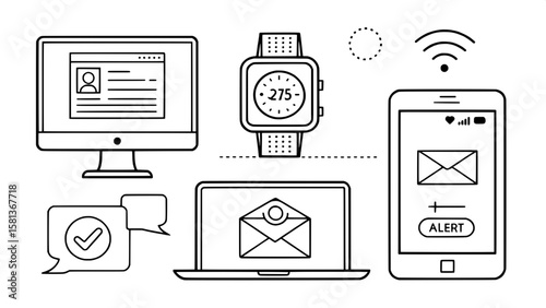 A systematic collection of line-based icons representing communication tools across various devices. Includes desktop chat, smartwatch message alerts, smartphone messaging, and tablet notifications. C