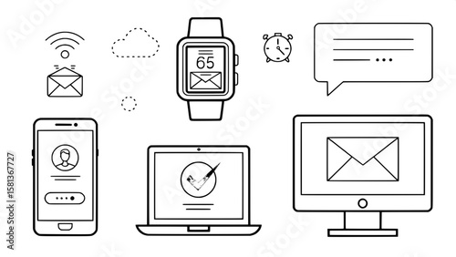 A systematic collection of line-based icons representing communication tools across various devices. Includes desktop chat, smartwatch message alerts, smartphone messaging, and tablet notifications. C