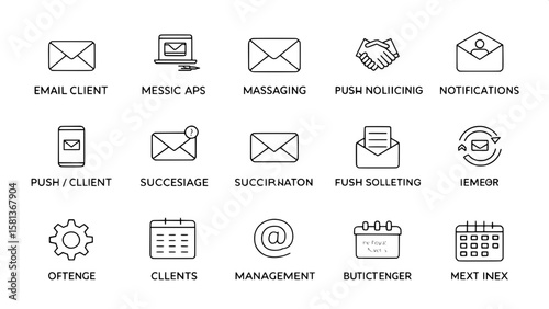 A flat-lay grid of communication platform icons in clean line-art style. Features include symbols for email clients, messaging apps, push notifications, message scheduling, and inbox management. The v