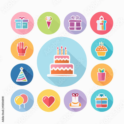 Birthday icons for a festive party with cake, gifts, and balloons. Ideal for invitations, greeting cards, social media posts, and websites.