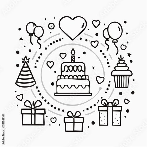 Cheerful birthday illustration with cake, gifts, balloons, and cupcakes, suitable for greeting cards, party invitations, and social media posts.