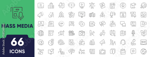 Mass Media Line Icon Set. Set of 66 outline icons including news, television, radio, microphone, press, journalism, and broadcasting. Editable stroke. Linear vector illustration.