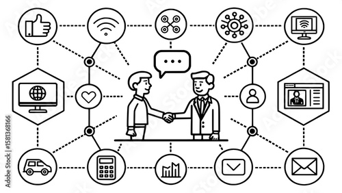 A modern, uniform icon set grid focused on person-to-person communication. Includes handshake icons, speech bubbles between two people, video call indicators, conference symbols, and one-on-one chat. 