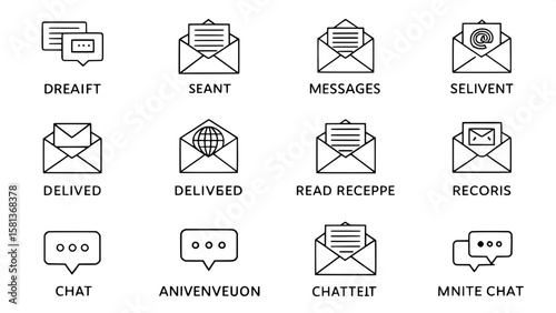 A consistent grid of outline icons showing messaging states and actions. Examples include message draft, sent, delivered, read receipt, muted conversation, and archived chat. All icons are displayed w