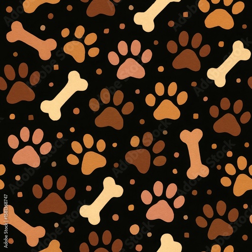 Seamless pattern of dog paw prints and bones in various shades of brown and beige on a black background
