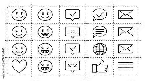 A minimalist grid of communication symbols in line-art style, including emojis, reactions, message forwarding, voice notes, and group chats. Icons are evenly spaced and drawn with clean, dark-grey lin