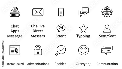 A clean, organized layout of line-drawn icons representing online and digital messaging services. Icons show chat apps, direct messages, status indicators, typing bubbles, sent/received states, and en