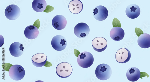 Fresh blueberry illustration with stylized gradient textures, halved berries showing seeds, and leaf accents on a light blue canvas, ideal for summer prints, fabric patterns