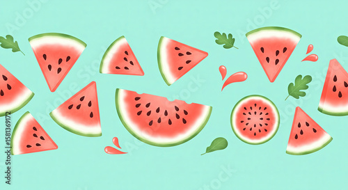 Fresh watermelon illustration with triangular wedges, round cross-sections, and playful juice drops scattered on a cool aqua backdrop, perfect for tropical branding and fruity textile prints