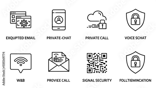 A technical-themed grid of line art icons showcasing secure communications. Icons include encrypted emails, private chats, voice call security, signal jamming, and QR code verification. All are render