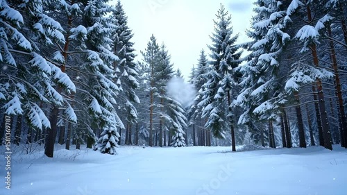 Winter forest landscape with snow-covered pine trees under a cloudy sky