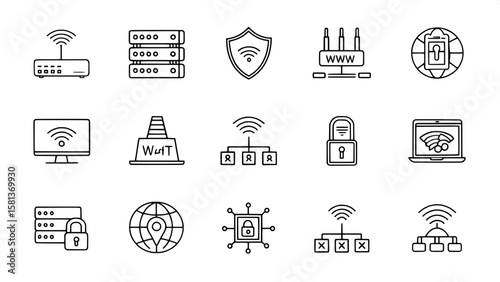 A minimal grid of network and internet security line icons. These include routers, access control lists, threat detection, security patches, and network monitoring. The style is cohesive, black-outlin