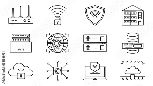 A minimal grid of network and internet security line icons. These include routers, access control lists, threat detection, security patches, and network monitoring. The style is cohesive, black-outlin