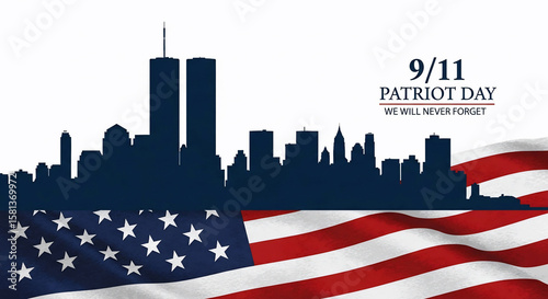 9/11 Patriot Day graphic featuring the New York City skyline and the American flag