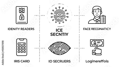 A clean, modern icon set visualizing identity verification technologies. Icons include fingerprint readers, iris scanners, face recognition, ID cards, and secure login methods. Each is designed in sim